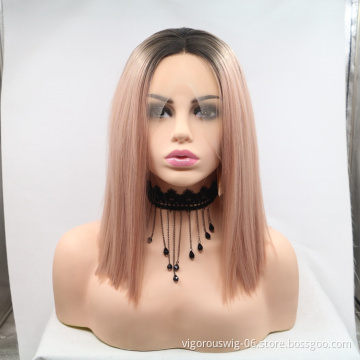 Bob blonde straight ombre wholesale high quality heat resistant cheap synthetic short wig with lace front